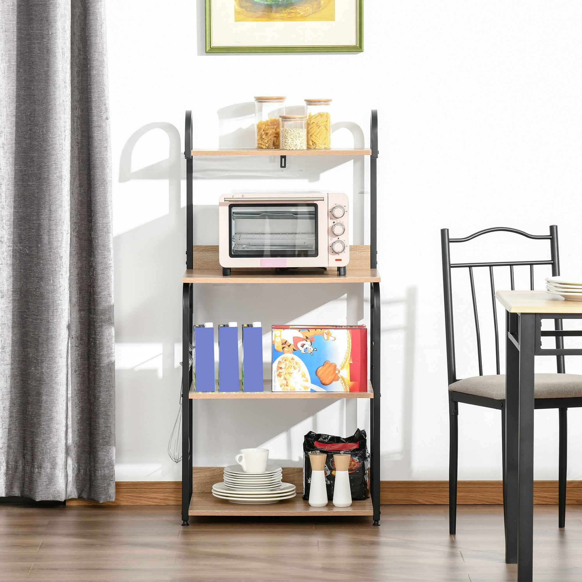 HOMCOM Kitchen Microwave Cabinet with 4 Shelves and 4 Hooks, Steel and Wood, 60x40x125 cm, Wood Color