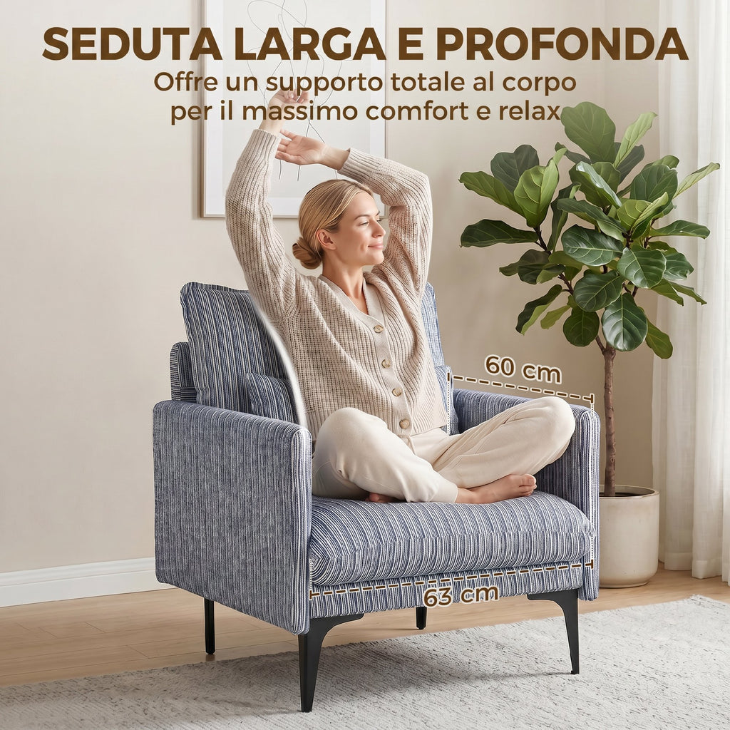 HOMCOM Upholstered Linen-Effect Fabric Lounge Chair with Armrests, Lumbar Cushion and Wide Seat, Blue
