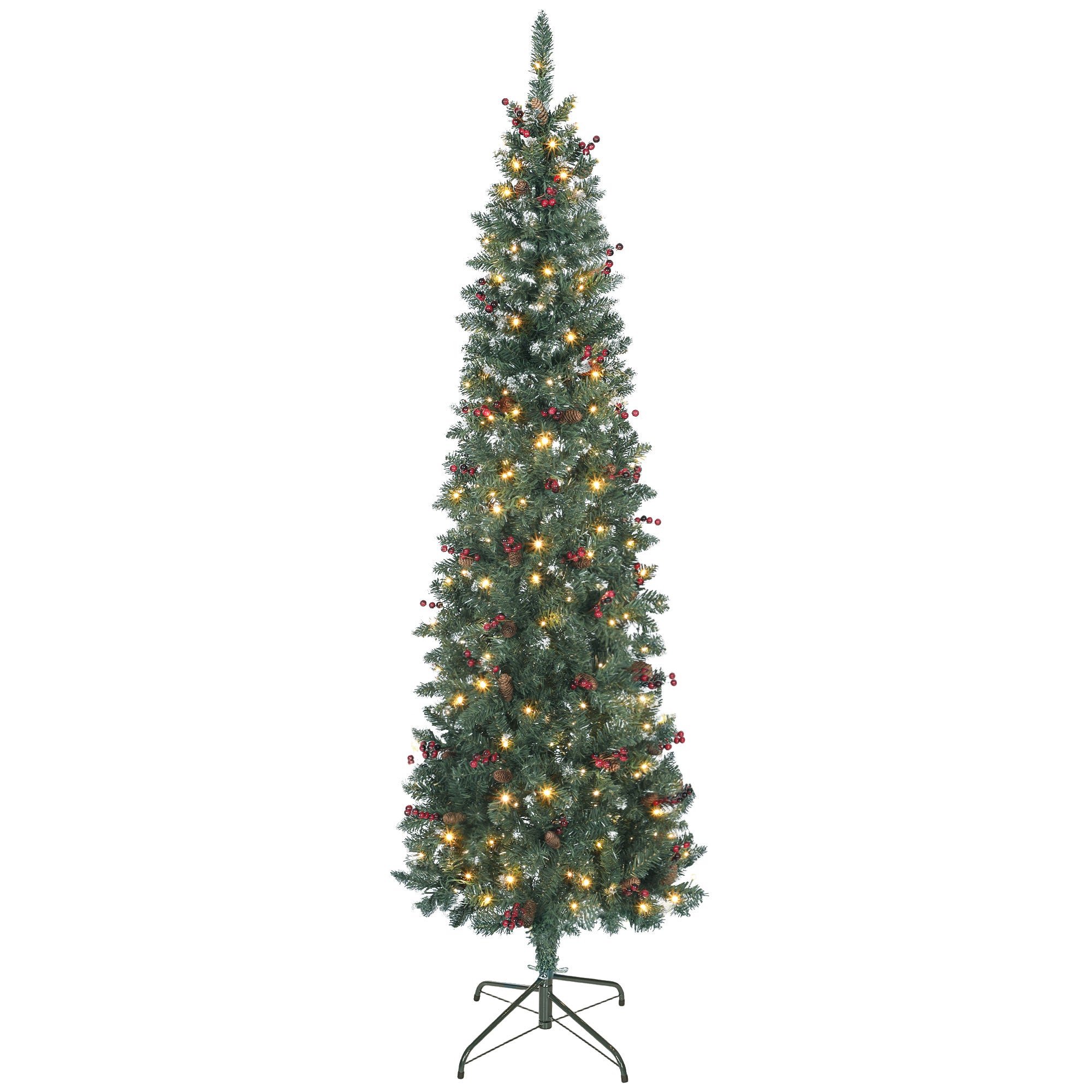 Illuminated Christmas Tree with 300 LED Lights, 55 Pine Cones and 55 Berry Bunches, Ø75x210 cm, Green and Silver