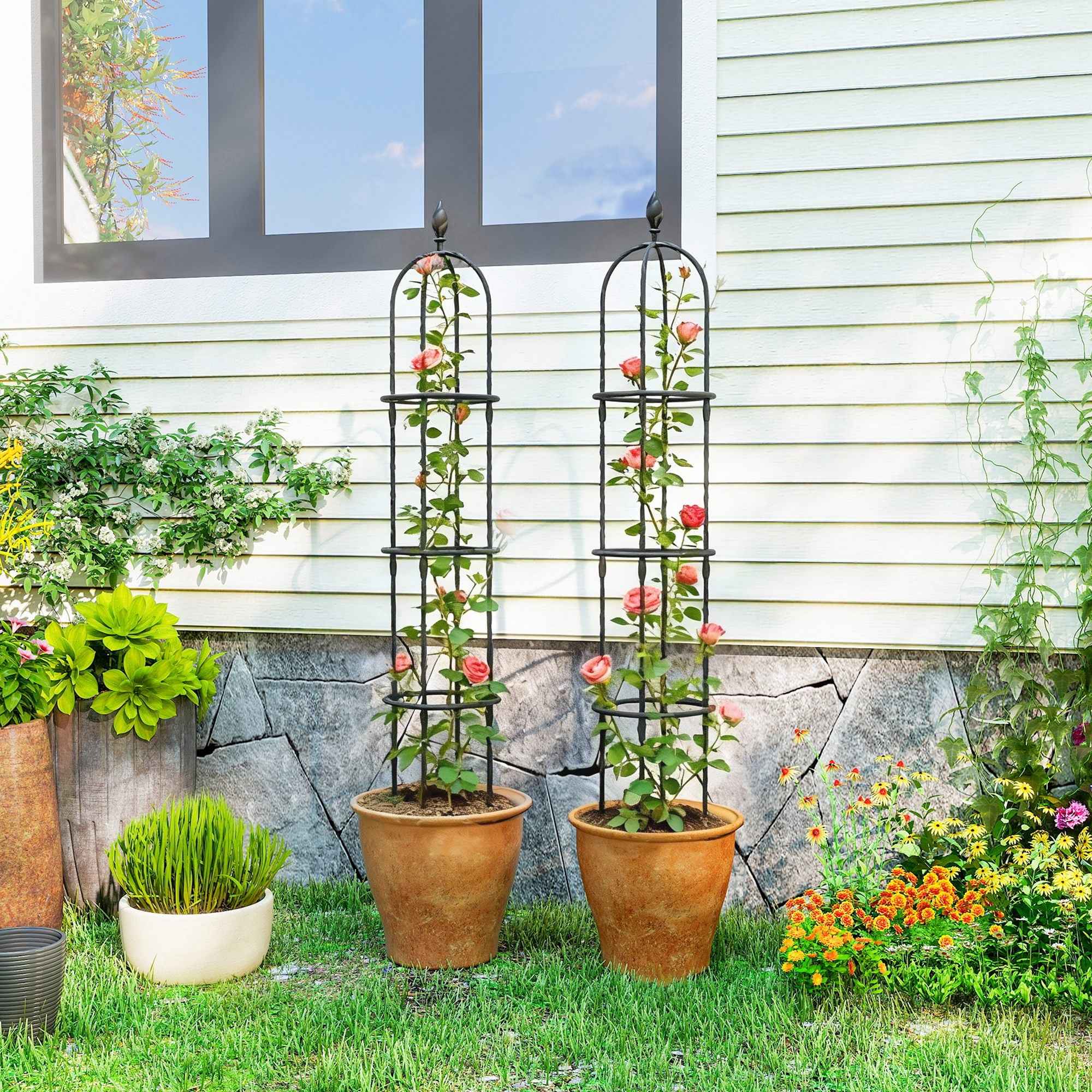Outsunny 2-Piece 1.7m Tall Rustproof Steel Climbing Plant Supports with Decorative Trim, Black