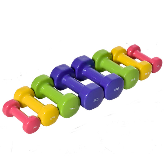 Set of 4 Hexagonal Dumbbells of 20 kg Total in Steel and PU from 1 to 4kg, Multicolor