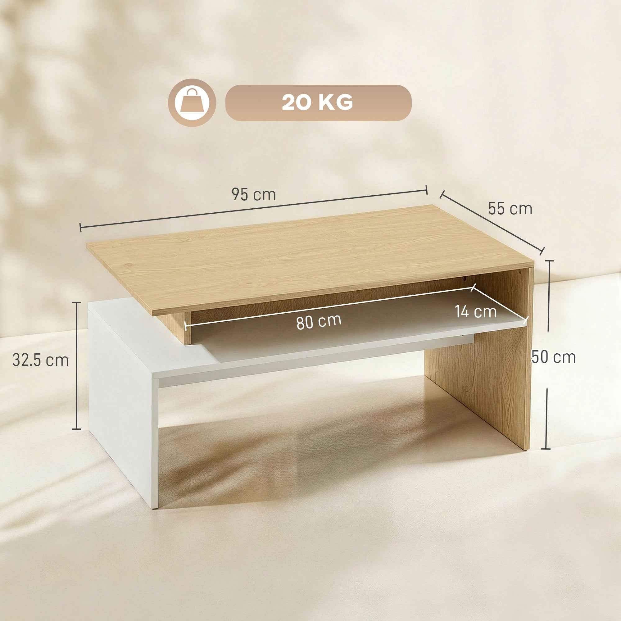 HOMCOM Two-Tone Coffee Table with Asymmetrical Shelf, 95x55x50 cm, Natural Wood and White