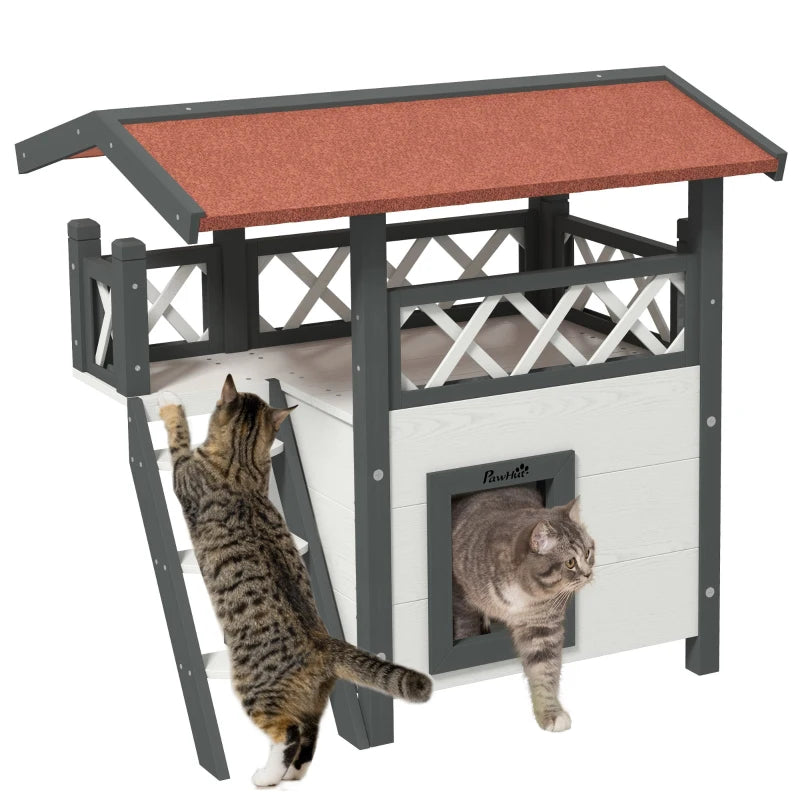Outdoor Cat House with Terrace and Wooden Ladder, 77x50x73cm, White and Grey