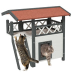 Outdoor Cat House with Terrace and Wooden Ladder, 77x50x73cm, White and Grey