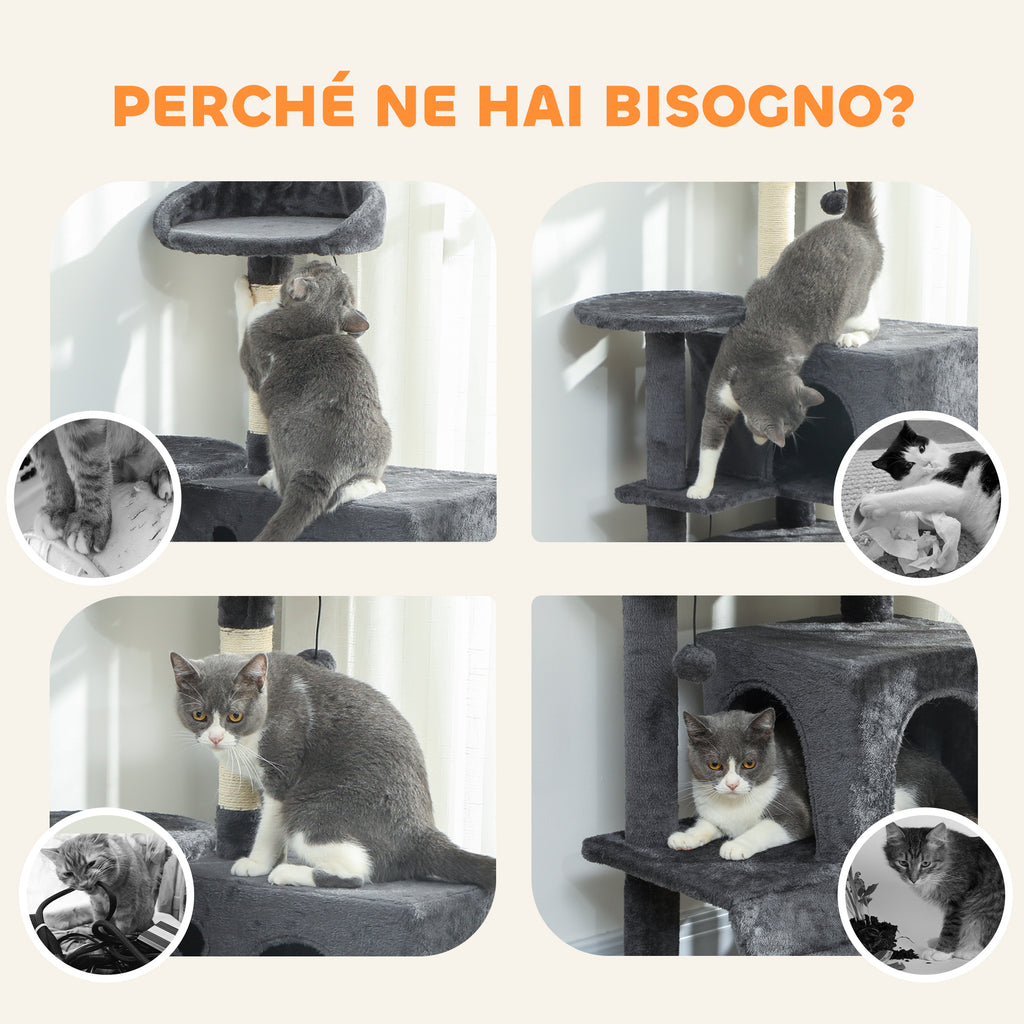140cm Tall Cat Tree with 2 Houses, Bed and Hammock for 2-3 Cats, Plush Cover, Grey