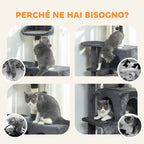 140cm Tall Cat Tree with 2 Houses, Bed and Hammock for 2-3 Cats, Plush Cover, Grey