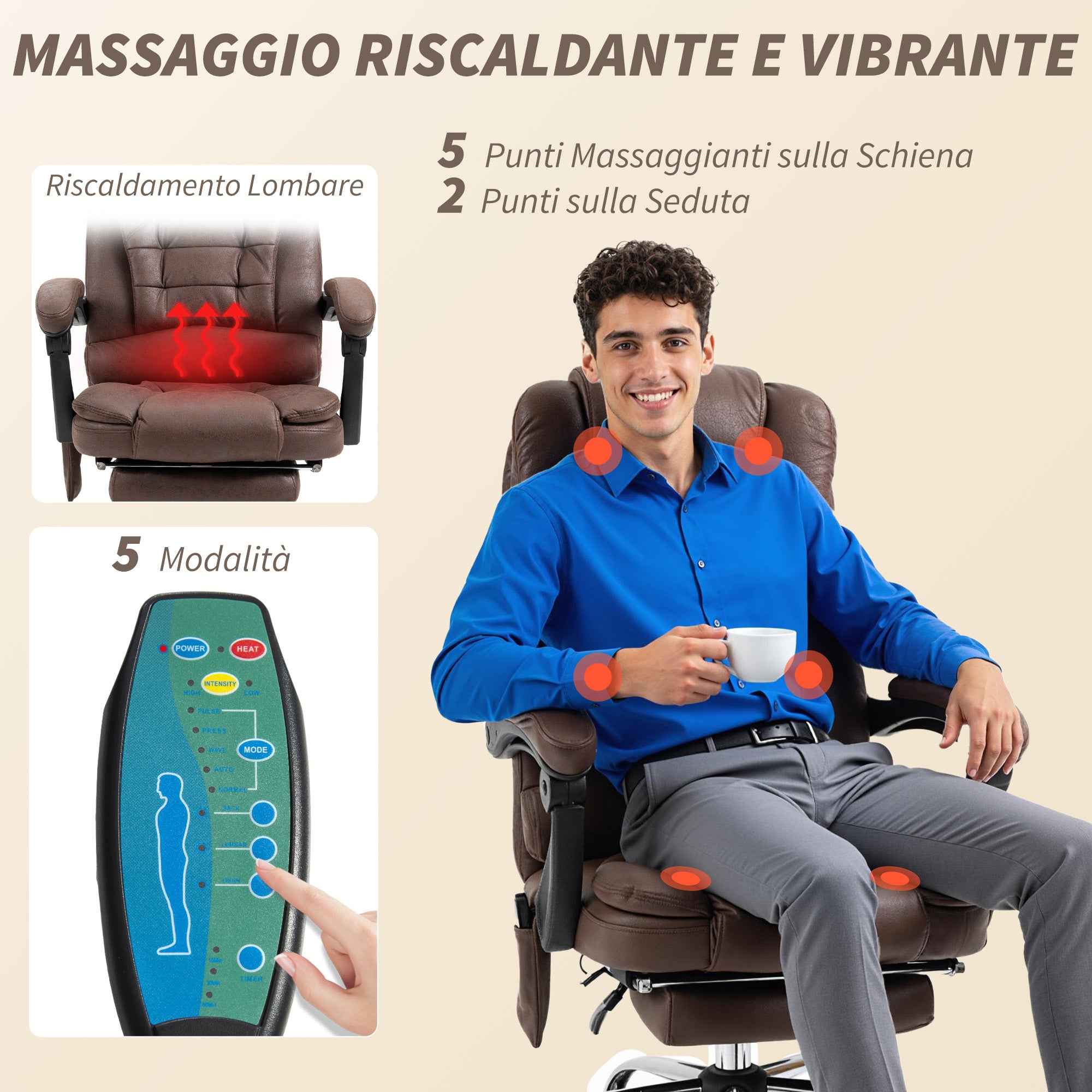 Vinsetto Office Chair with Remote Control and 6 Massage Points, Microfiber, 65x70x111-119 cm, Brown