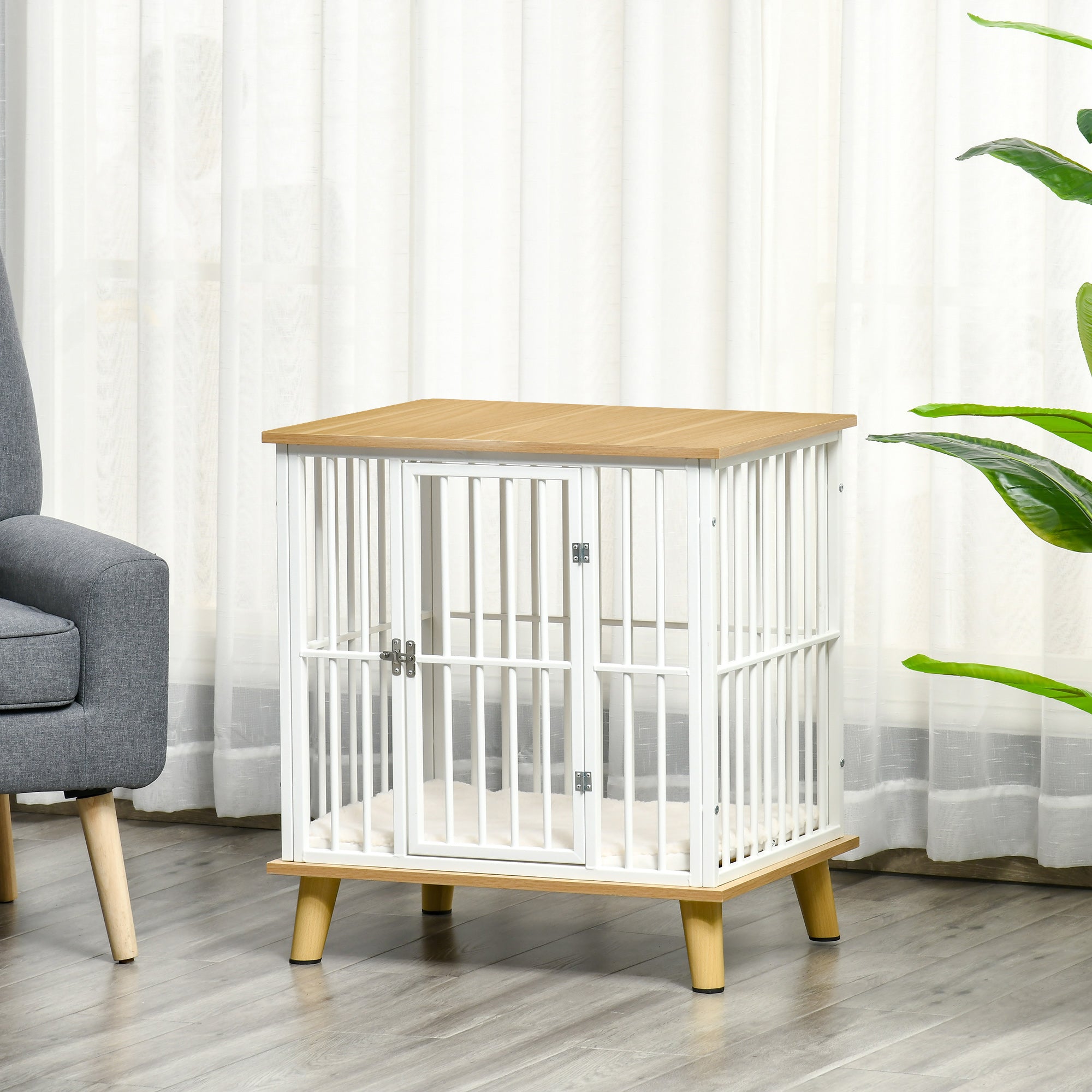 Indoor Small Dog House with Removable and Washable Cushion, 64.5 x 48 x 70.5 cm, Oak