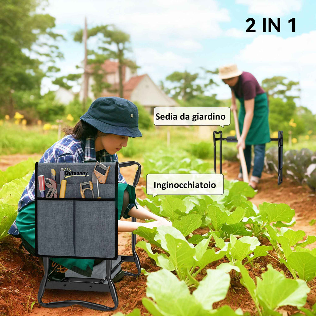 Outsunny 2-in-1 Steel Kneeling Chair with Storage Bag and EVA Cushion, 58x28x49 cm, Grey and Black