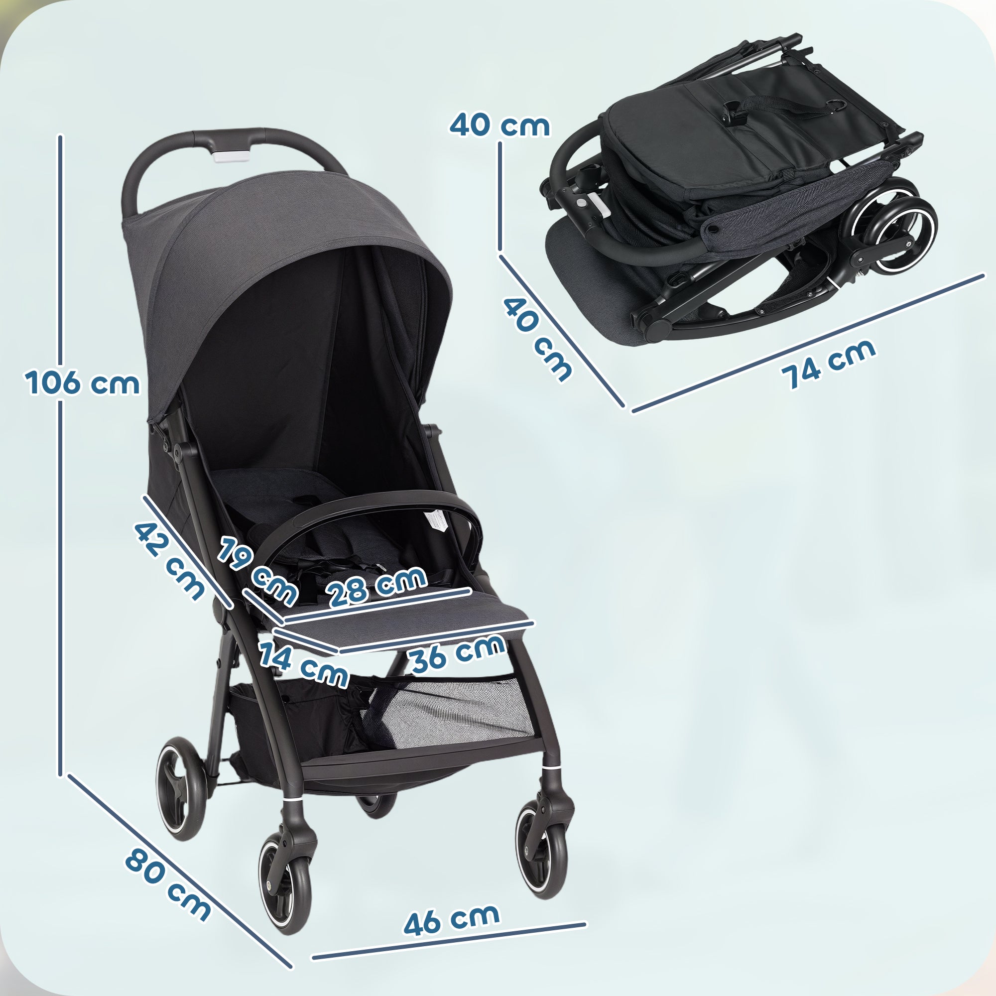 Baby Stroller for 0-3 Years Old, Foldable and Lightweight with Adjustable Backrest, Canopy, Basket, Dark Grey