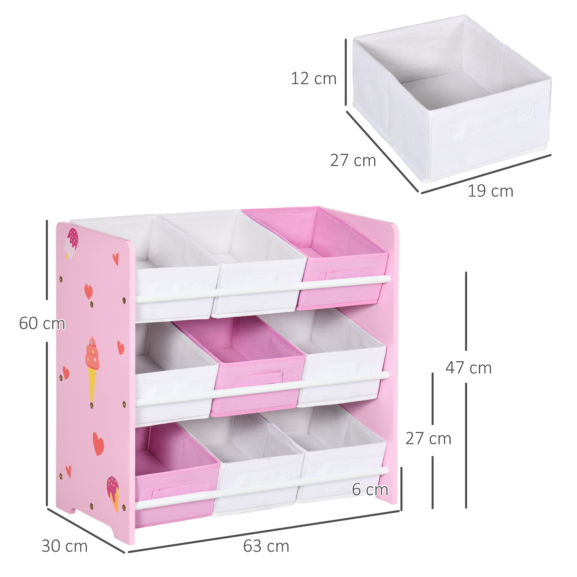 Toy Cabinet with 9 Removable Baskets in Wood and Fabric, 63x30x60 cm, Pink and White