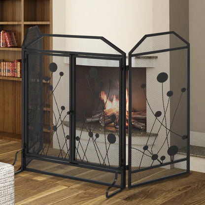 Foldable Spark Screen for Fireplace in Steel and Black Metal with 2 Magnetic Closing Doors, 125x80cm