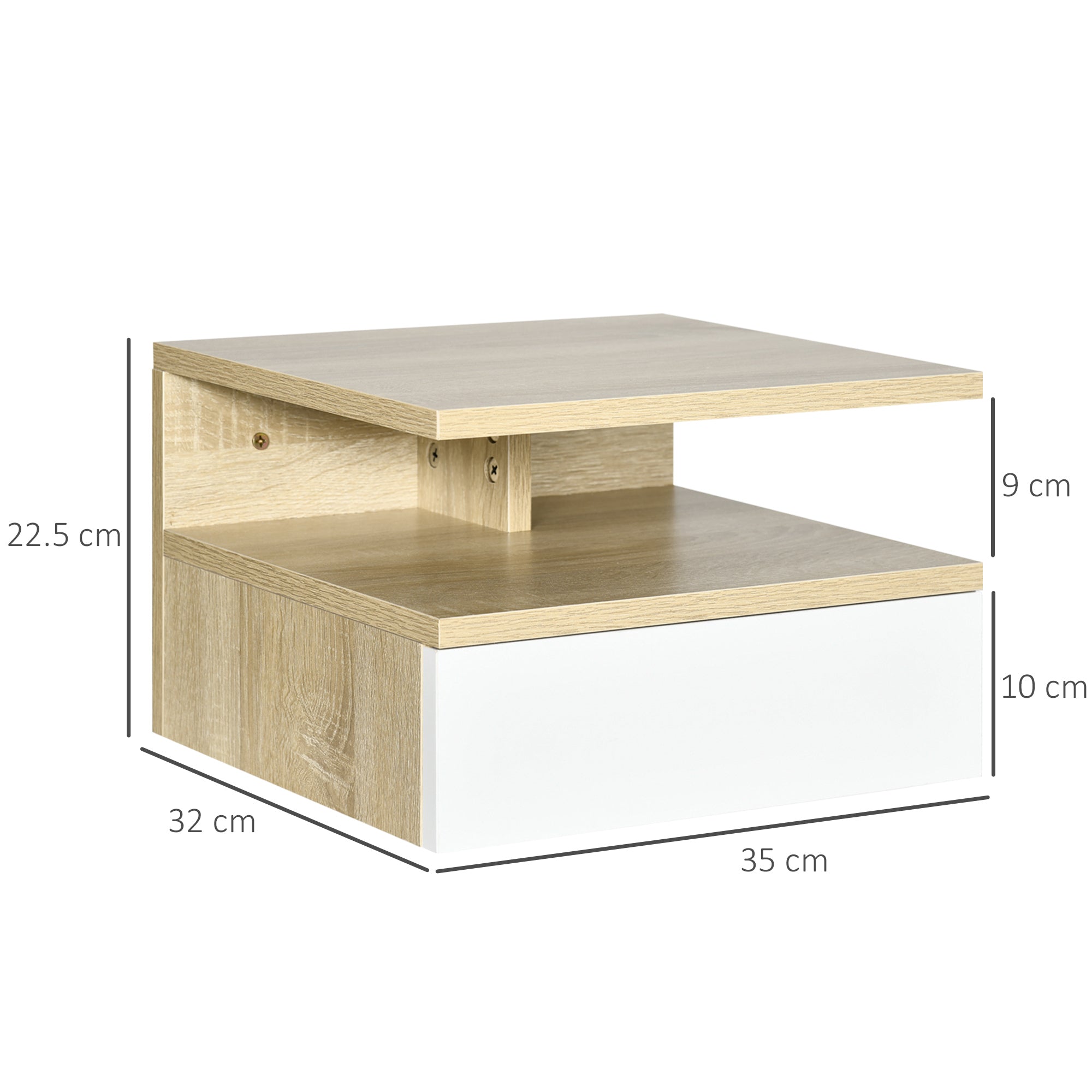 HOMCOM Set of 2 Suspended Bedside Tables with Drawer and Upper Shelf, in Wood, 35x32x22.5 cm, White and Oak - Borgè