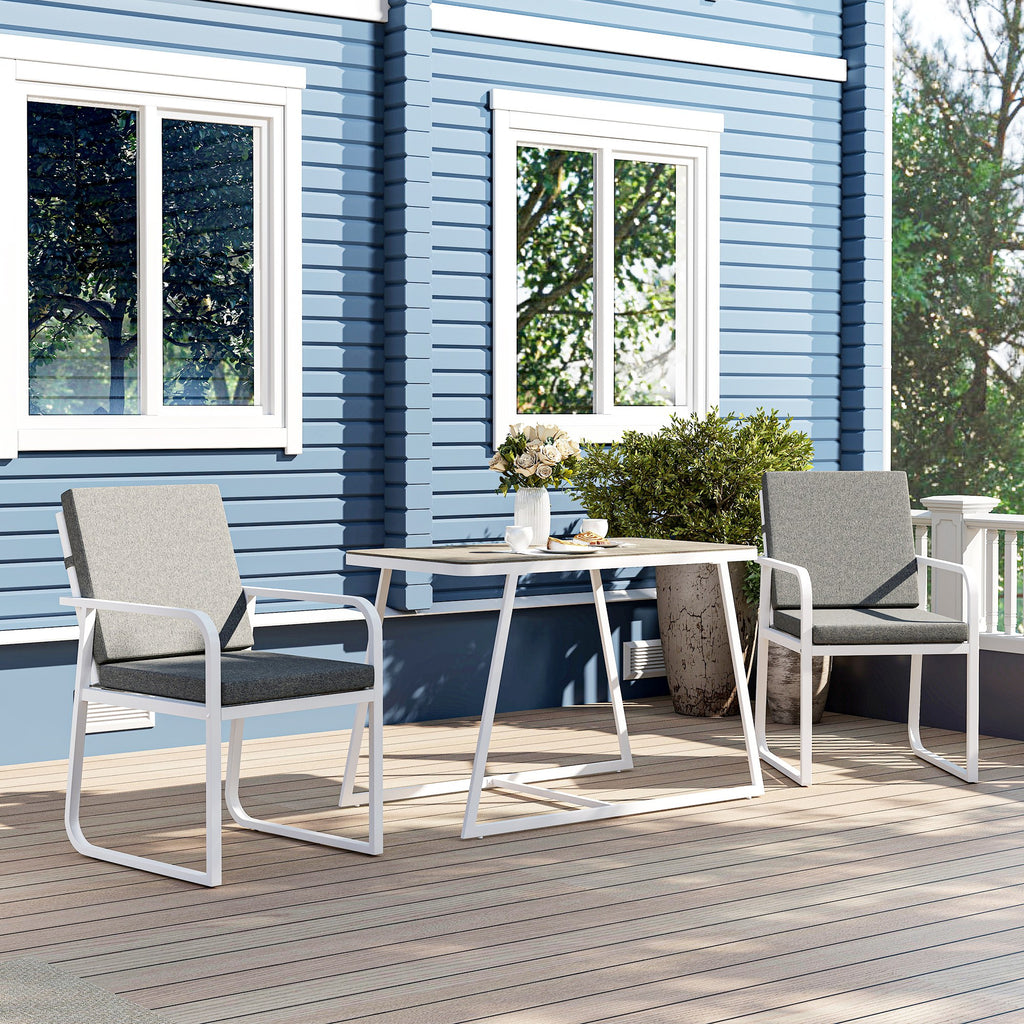 3 Piece Outdoor Set with 2 Chairs with Armrests and Cushions and Glass Top Table, White