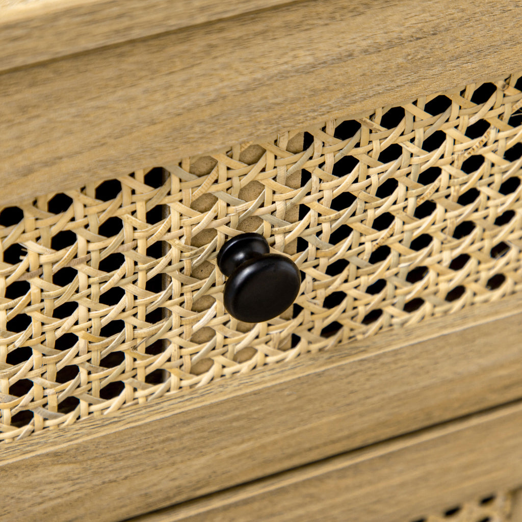 Chest of Drawers with 4 Drawers and Rattan Inserts, Boho Style, 80x35x95 cm, Natural Wood