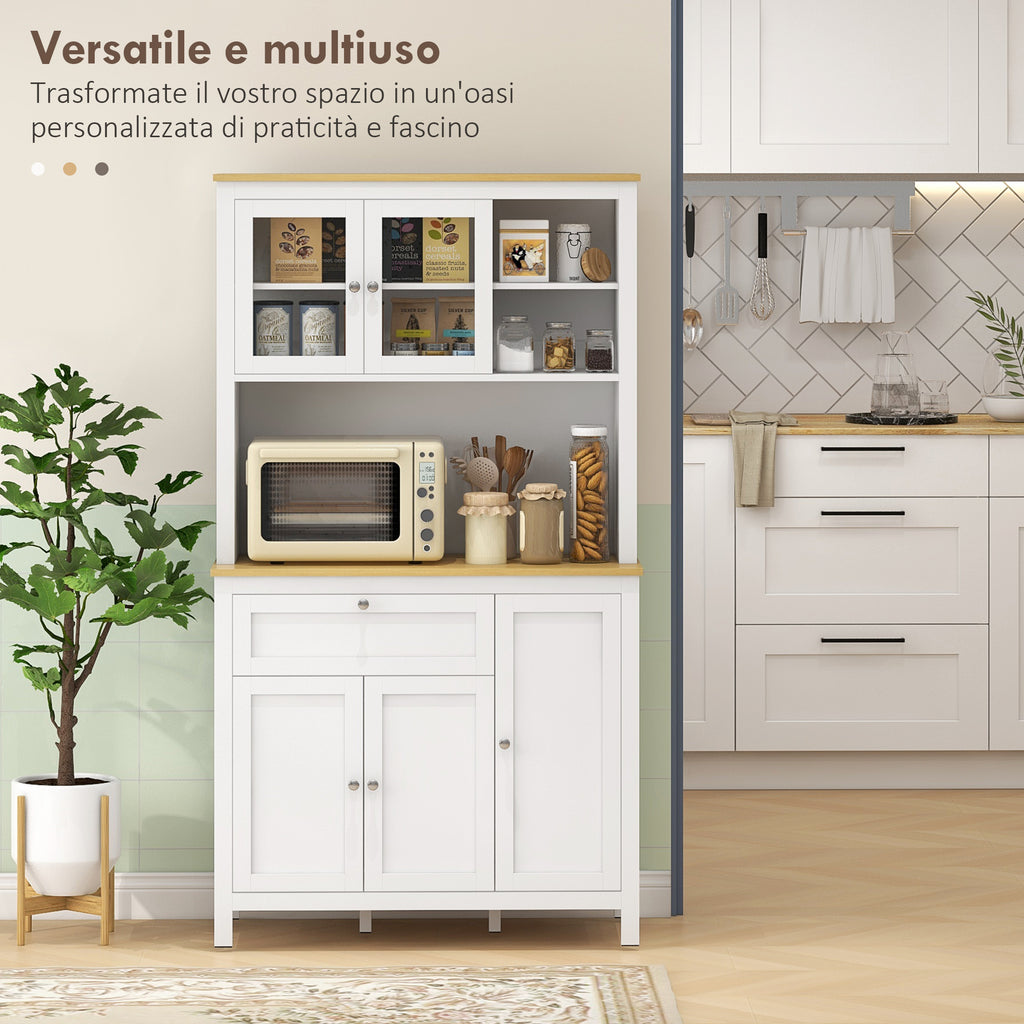 Kitchen Pantry with Drawers, Open Shelves and Adjustable Wooden Shelves, 100x40x180 cm, White