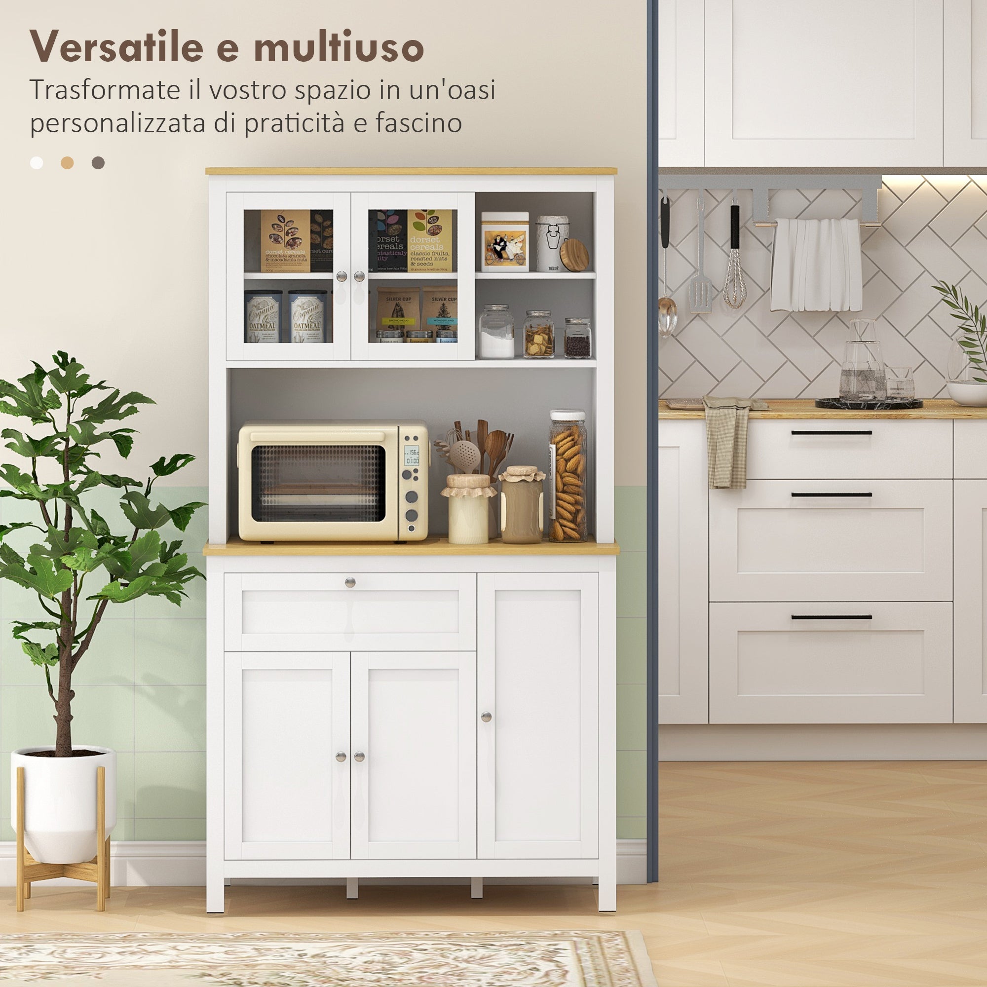 Kitchen Pantry with Drawers, Open Shelves and Adjustable Wooden Shelves, 100x40x180 cm, White