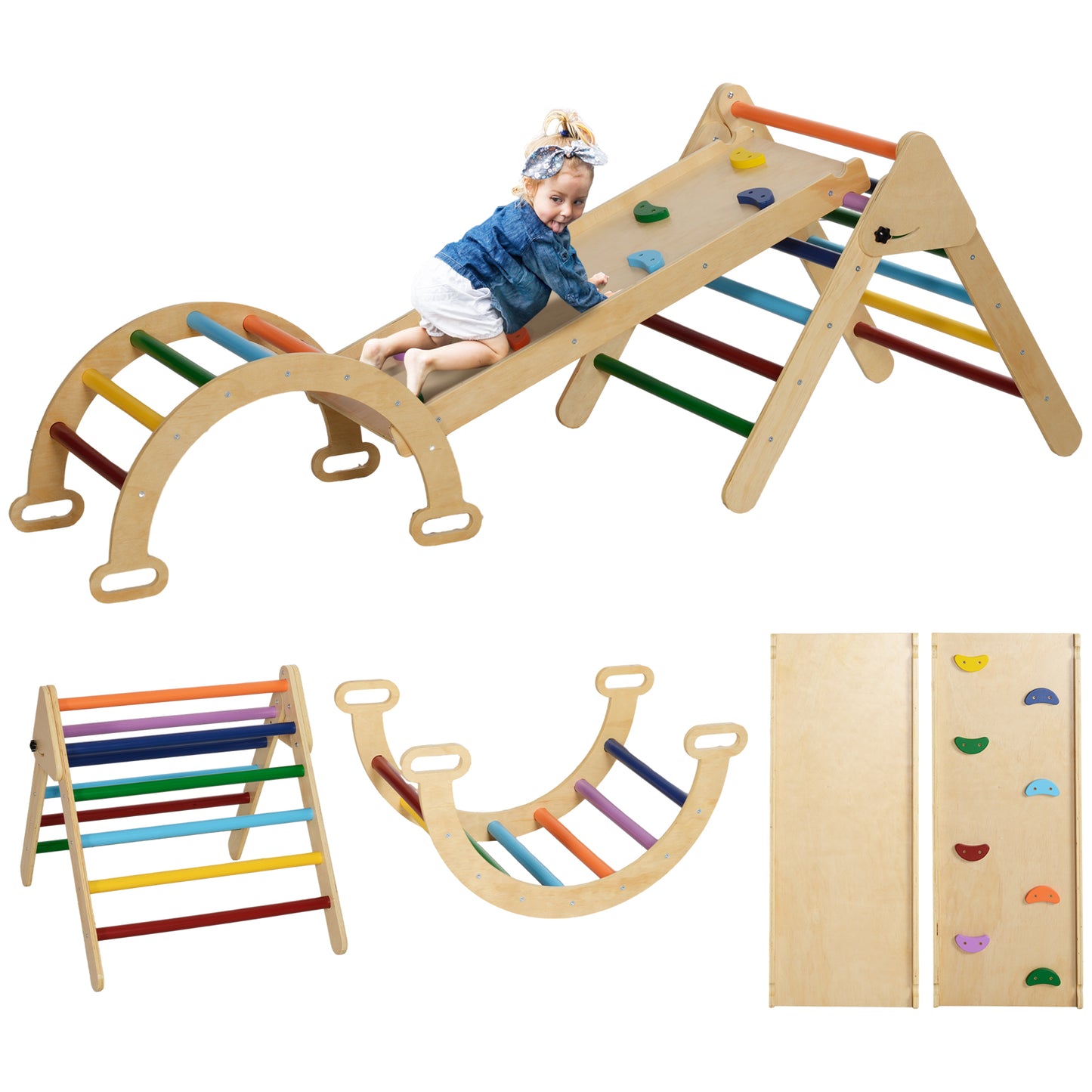 Montessori Children's Climbing Game with Triangle and Arch and Ramp with Pine Wood Stones, 178x64. 5x63 cm