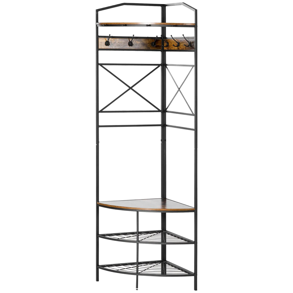 Industrial Style Corner Coat Rack with Bench and Shoe Rack, 50x50x183cm, Brown