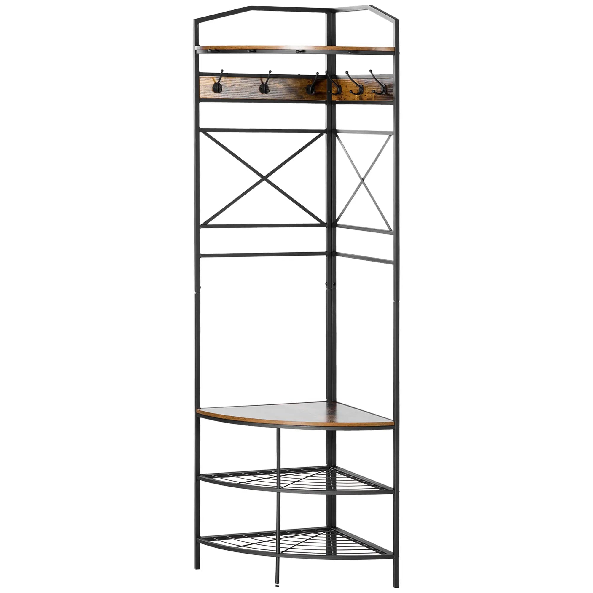 Industrial Style Corner Coat Rack with Bench and Shoe Rack, 50x50x183cm, Brown