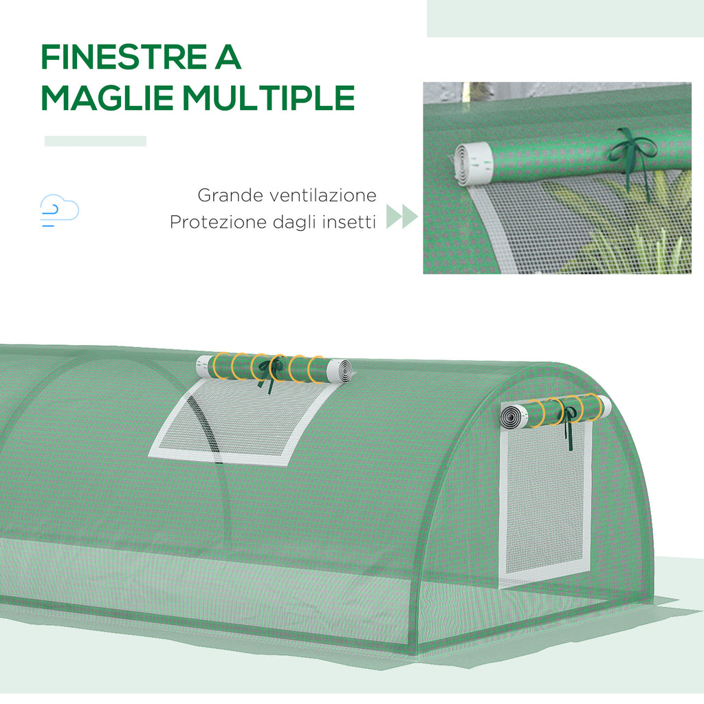 Small Greenhouse with 5 Windows and Central Grid, in Steel, PE and PP, 300x80x45 cm, Green