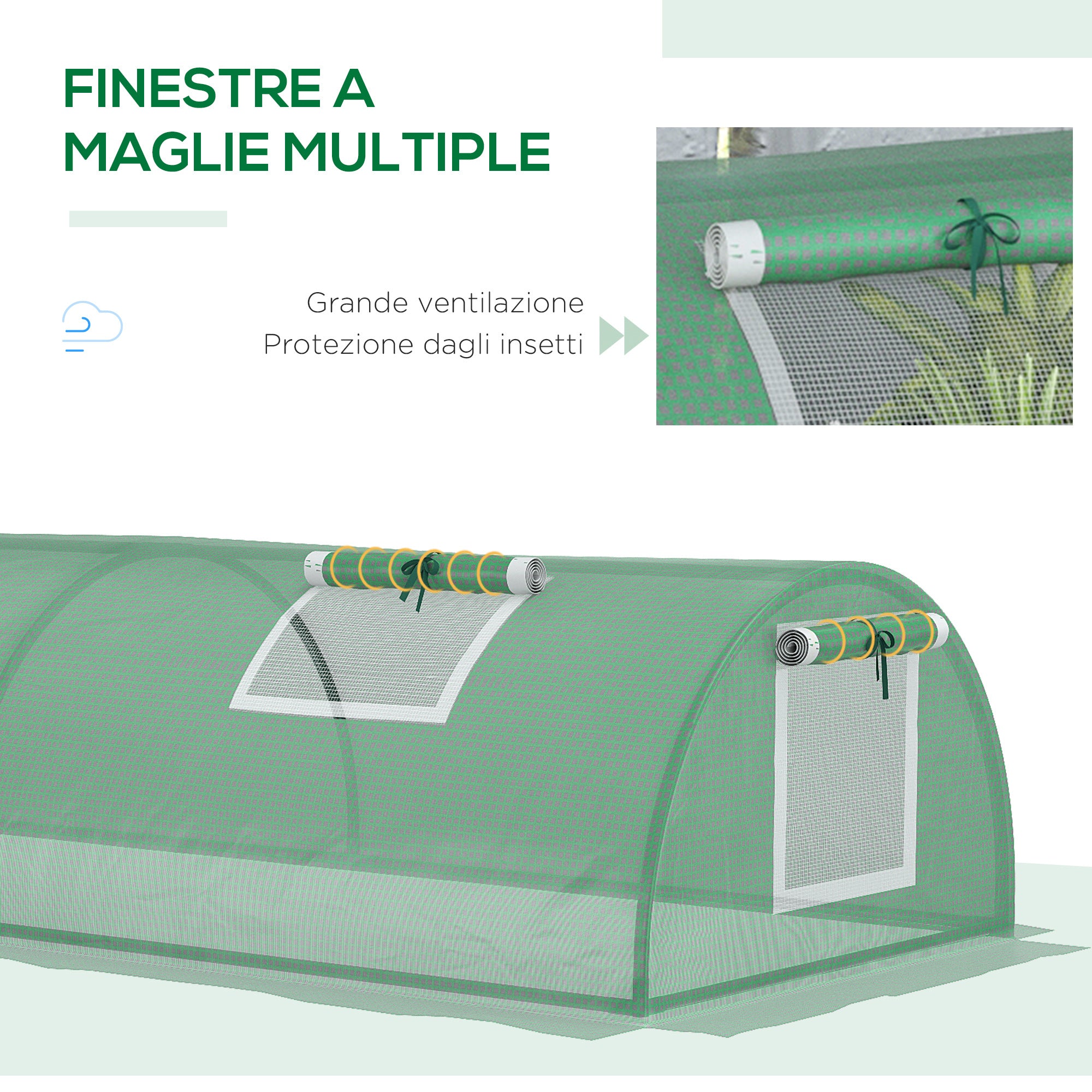 Small Greenhouse with 5 Windows and Central Grid, in Steel, PE and PP, 300x80x45 cm, Green