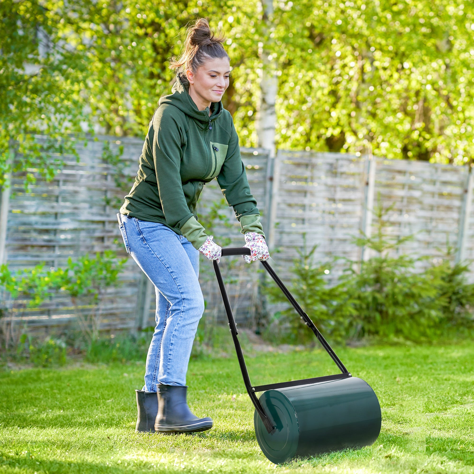 30L Capacity Lawn Roller with Scraper Blade, Metal, 102x50x30 cm, Dark Green