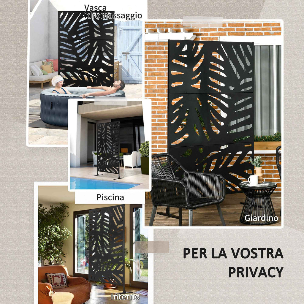 Outsunny 3-Door Vertical Steel Room Divider with Tropical Pattern, 122x45x198 cm, Black