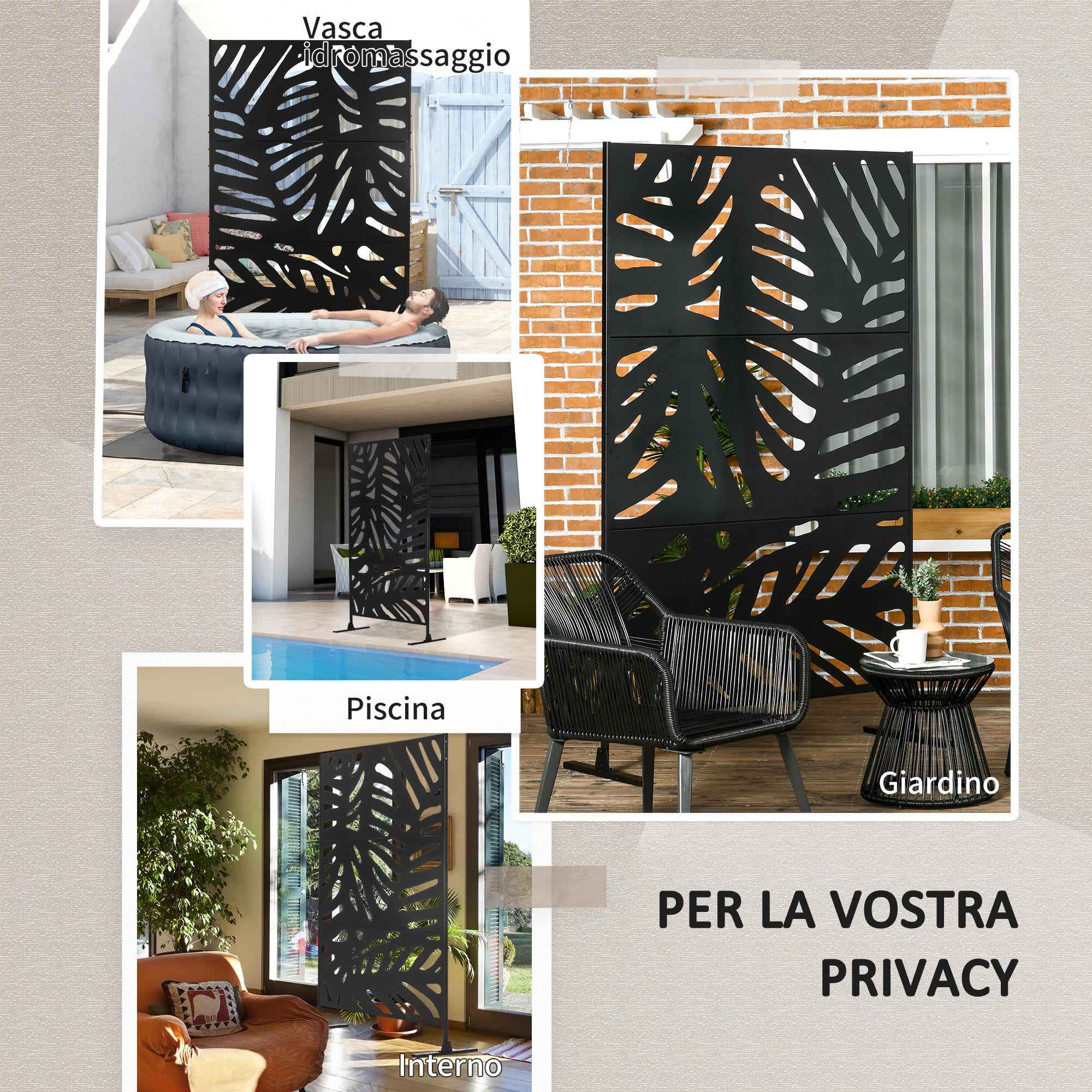 Outsunny 3-Door Vertical Steel Room Divider with Tropical Pattern, 122x45x198 cm, Black
