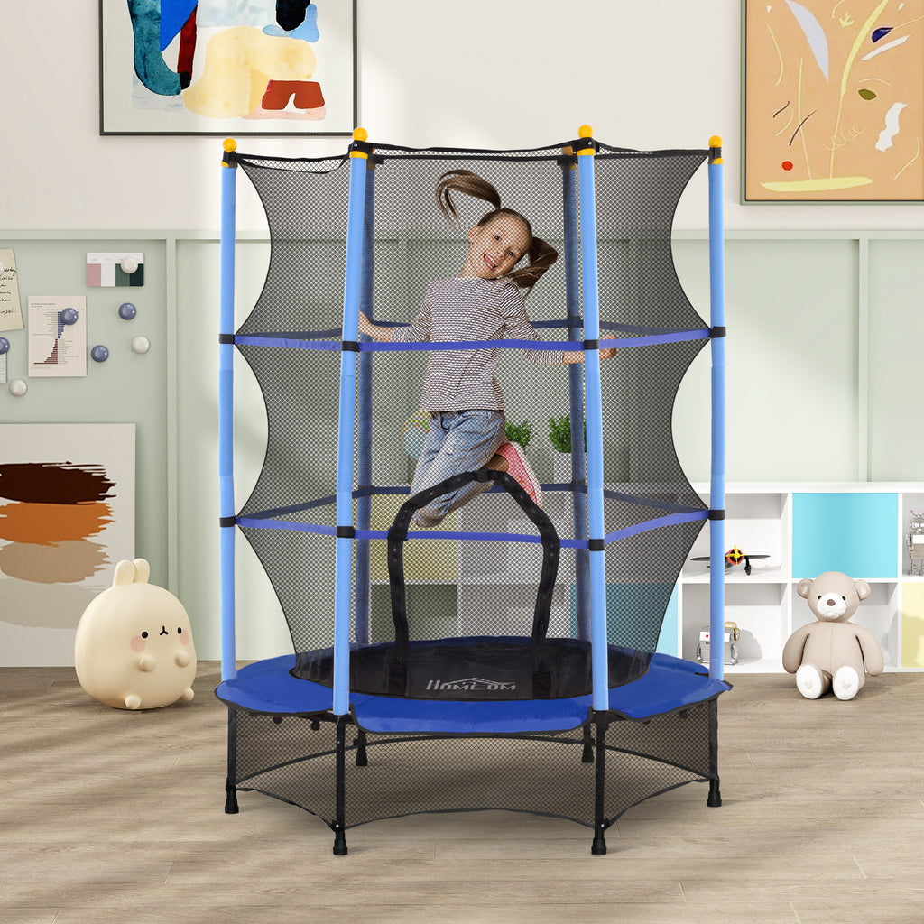 Children's Trampoline with Safety Net and Padded Poles Ages 3-10 Years, Ø140 x 190 cm, Blue