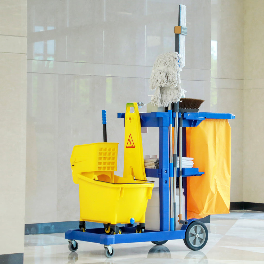 3-Tier Cleaning Trolley with Hooks and 100L Bag, 121x50.5x96.5 cm, Blue Yellow and Grey