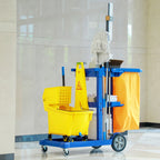 3-Tier Cleaning Trolley with Hooks and 100L Bag, 121x50.5x96.5 cm, Blue Yellow and Grey