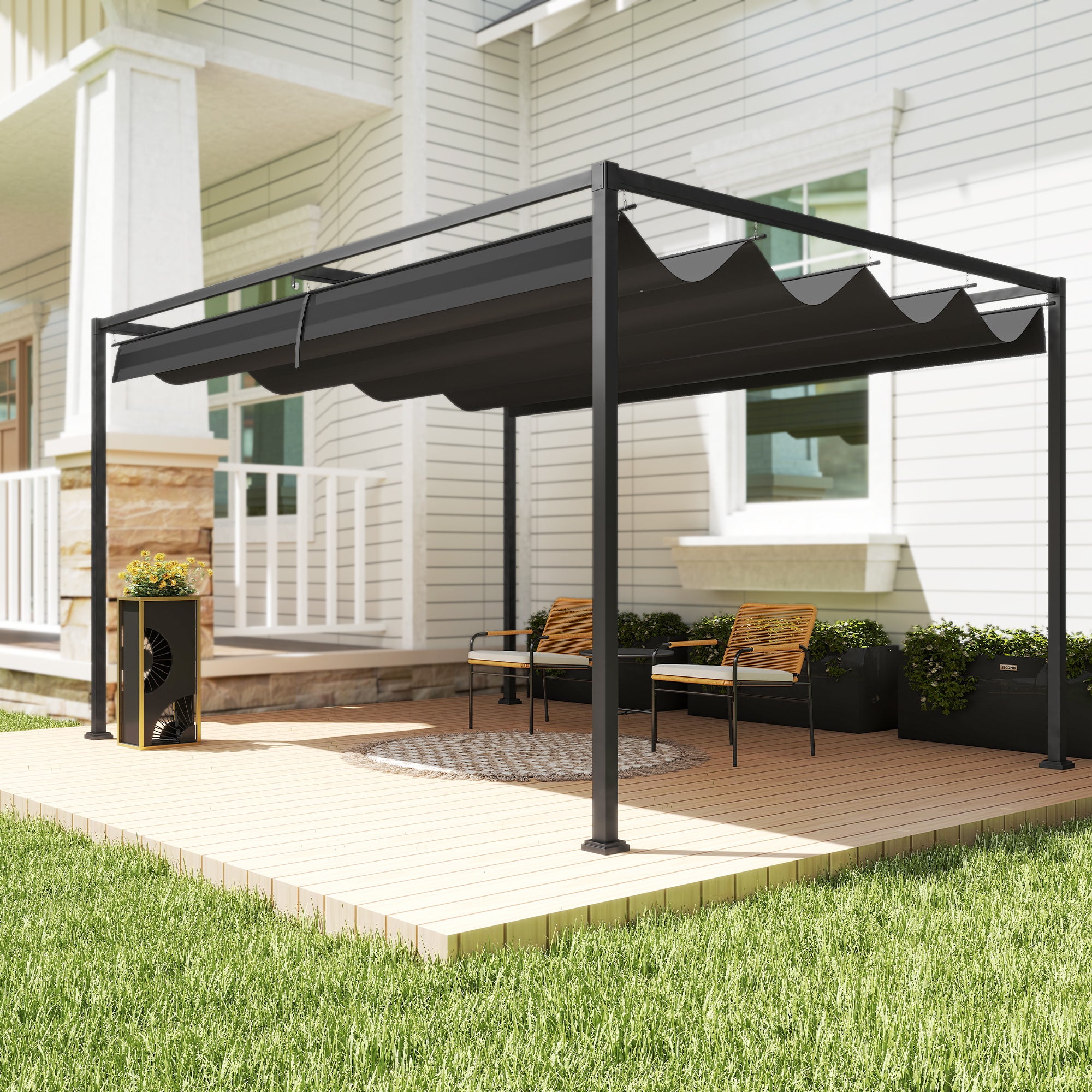 Outsunny Pergola Gazebo Outdoor 3x2.1 m with Retractable Metal and Polyester Canopy, Black