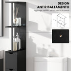 Space-Saving Wooden Column Unit with Shelves, Cabinet and Drawers, Black, 15x33x136cm