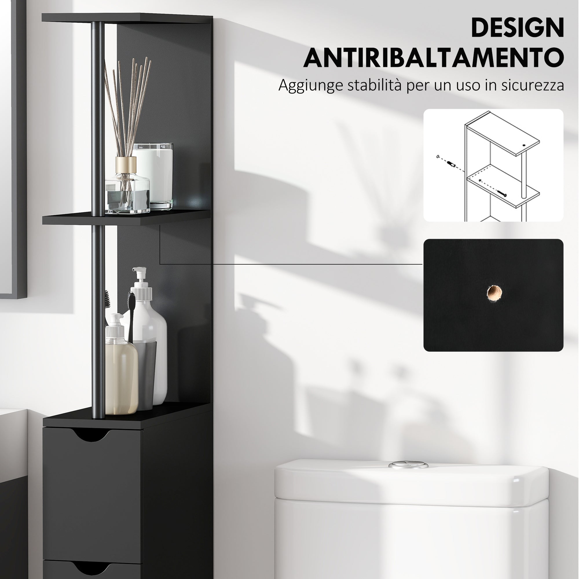 Space-Saving Wooden Column Unit with Shelves, Cabinet and Drawers, Black, 15x33x136cm