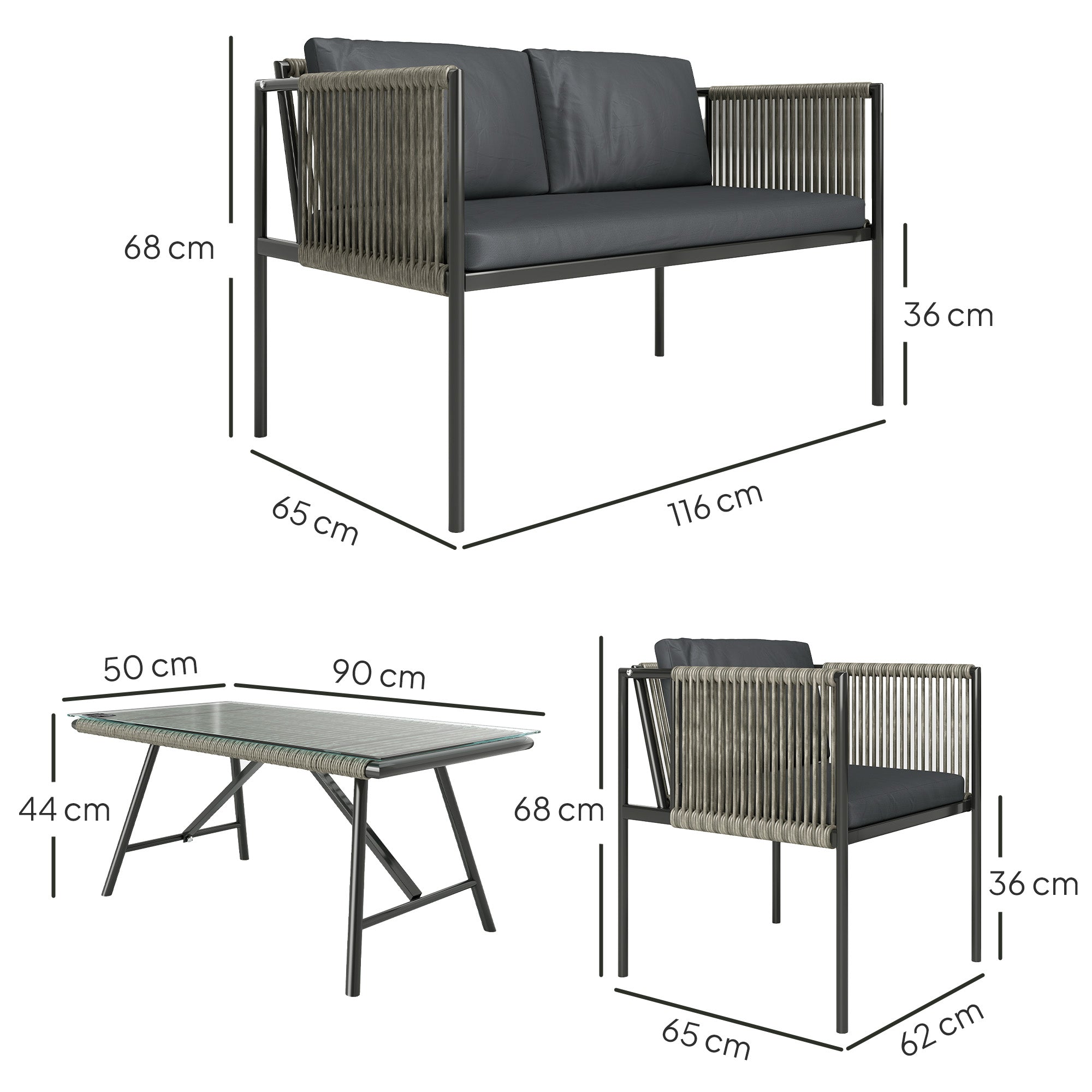 Rattan Garden Lounge Set with 2 Armchairs, 2 Seater Sofa and Glass Coffee Table, Grey