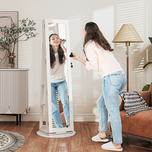 3-in-1 360° Swivel Jewelry Mirror, Rear Shelves and Lockable Door, 55x55x161 cm, White