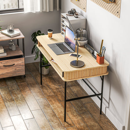 Bedroom and Office Desk with Fluted Doors, Wood and Steel 120x60x76.5cm, Oak and Black