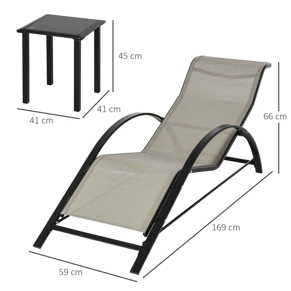 Outsunny Set of 2 Sun Loungers and Coffee Table with Glass Top, 59x169x66 cm, Grey