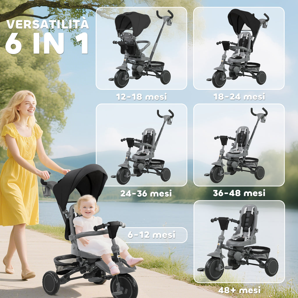6-in-1 Children's Tricycle with Push Handle and Swivel Seat, 111.5x52x98 cm, Black