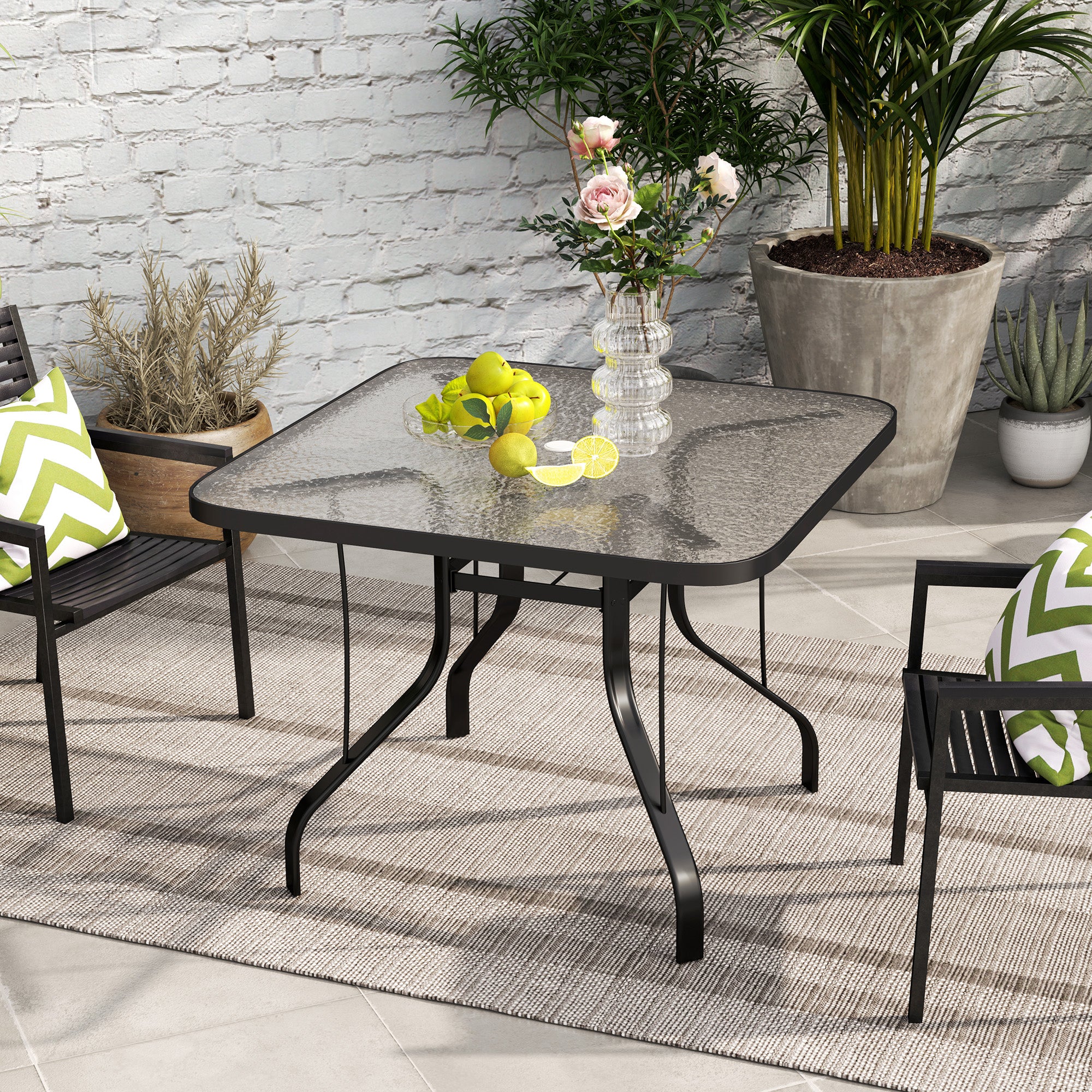 4-seater square garden table with glass top and hole for umbrella Ø54 mm, black