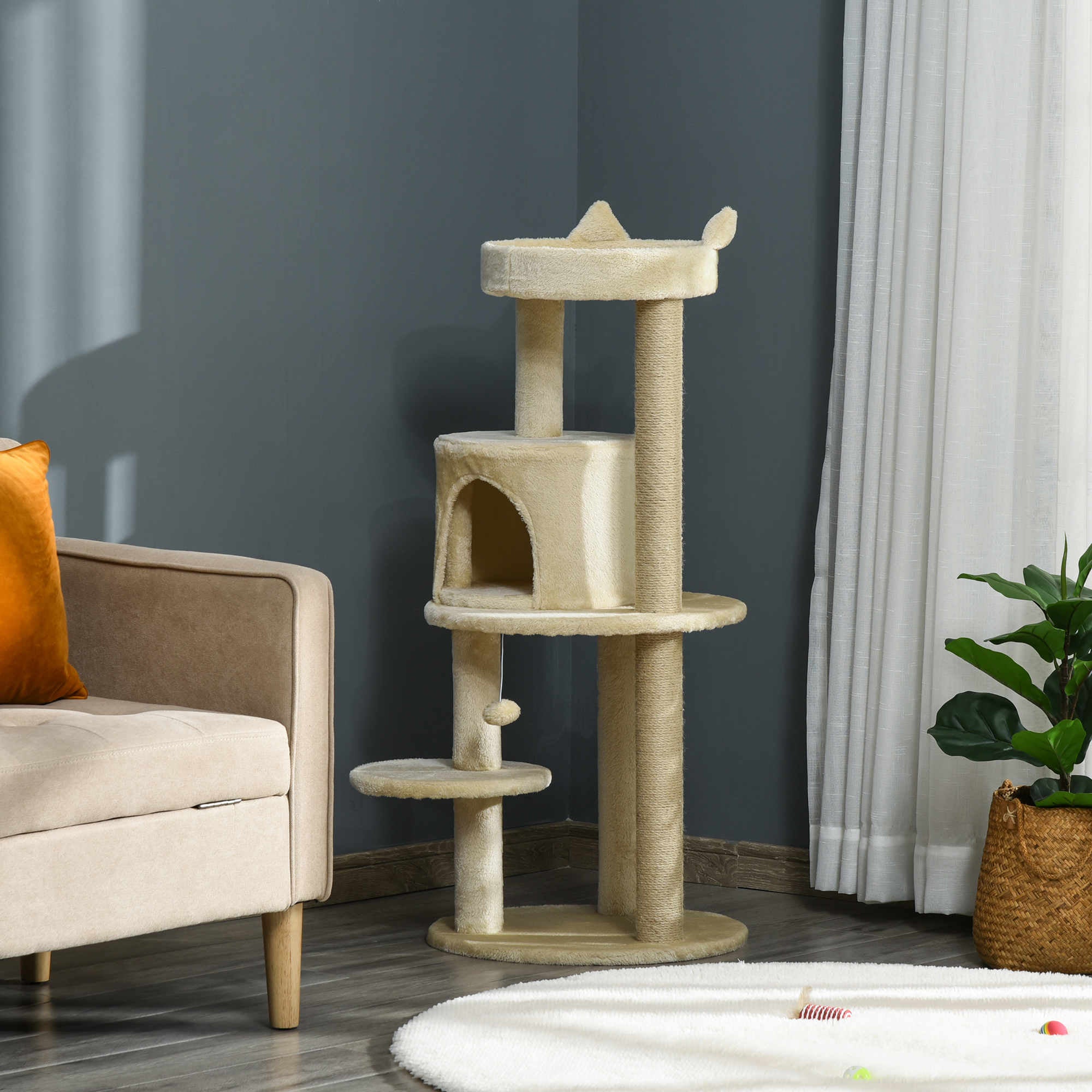 Cat Tree with Spacious Cat Bed and Platform, 104 cm, Cream White