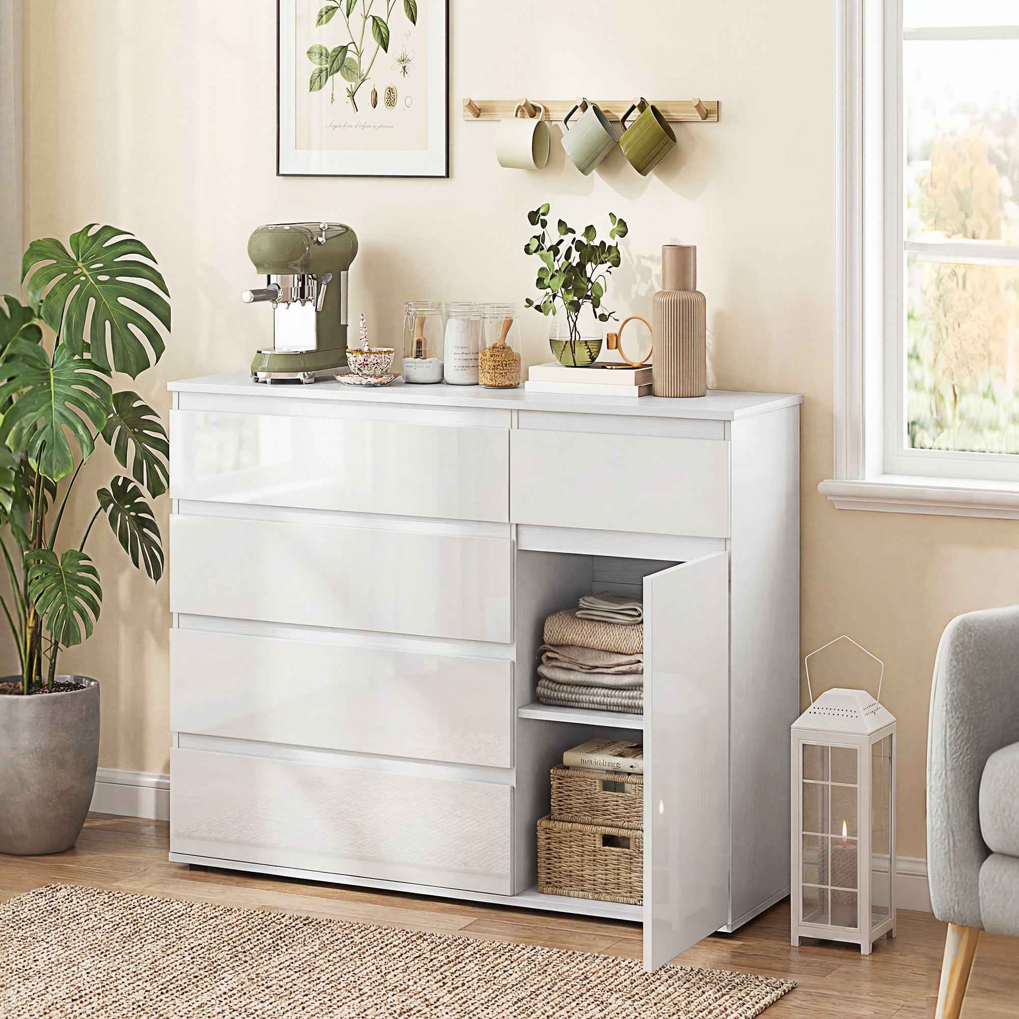 Sideboard, Cabinet with 5 Drawers, Adjustable Shelf, Gloss White.
