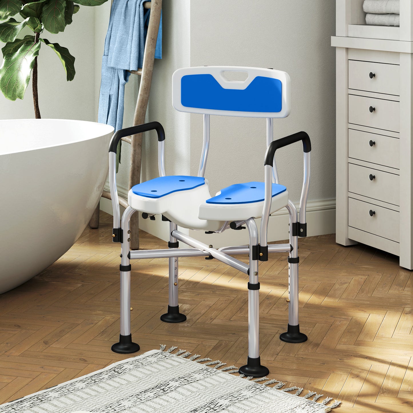 Shower Chair with Grooved Seat, Height Adjustable and Non-Slip Feet, Blue