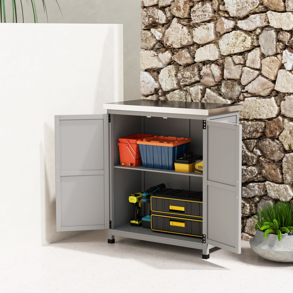 Outdoor Cabinet with Shelf and Workbench in Wood and Steel, 79x43x92 cm, Grey