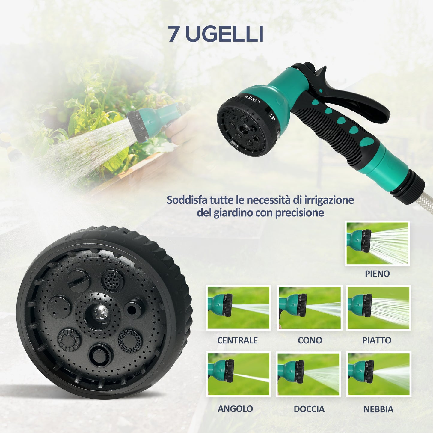 Automatic Wall-Mounted and Portable Hose Reel Length 30+2 m, Locking System and 7 Jets, Green