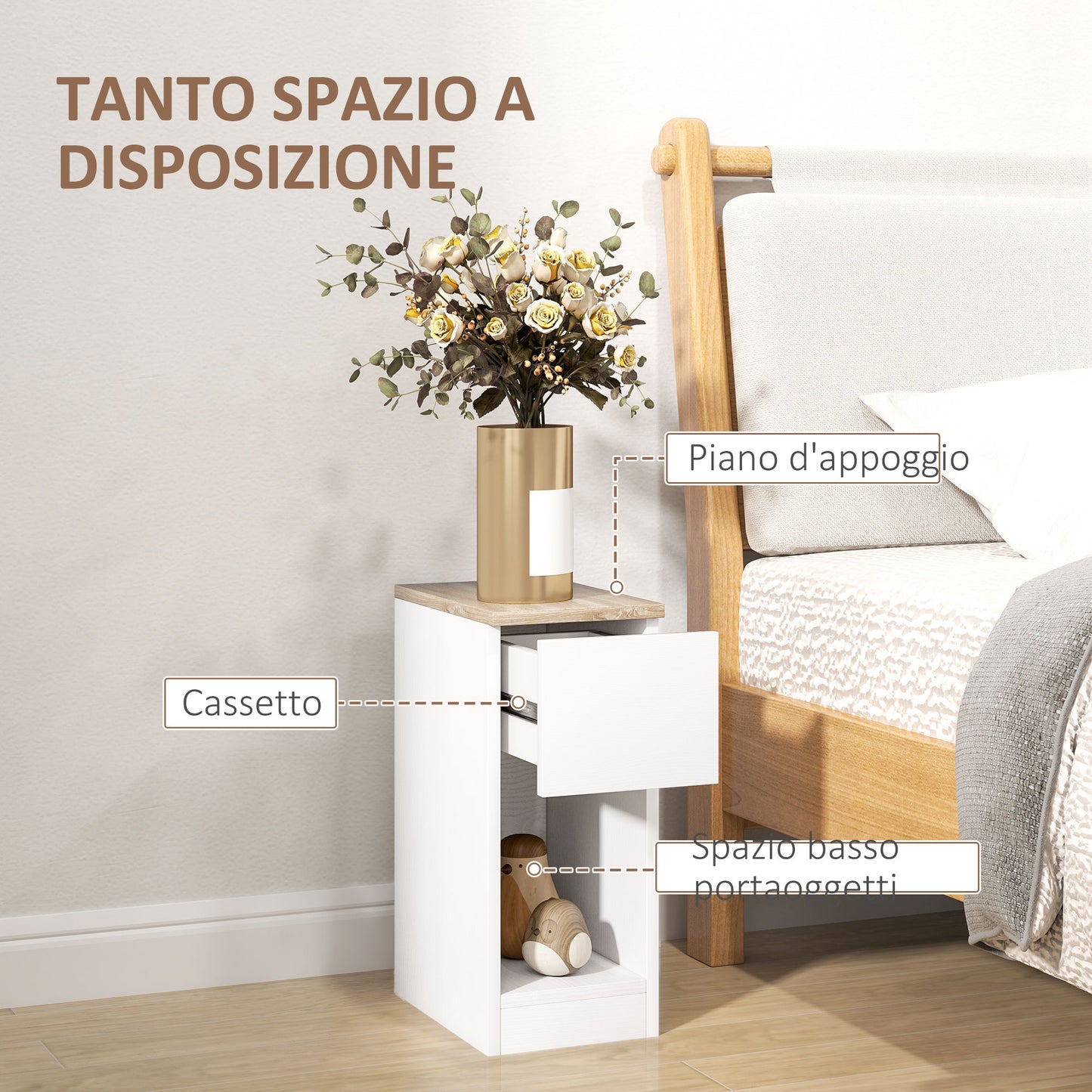 Modern Bedside / Side Table with Drawer and Wooden Shelf, 20x30x50 cm, White