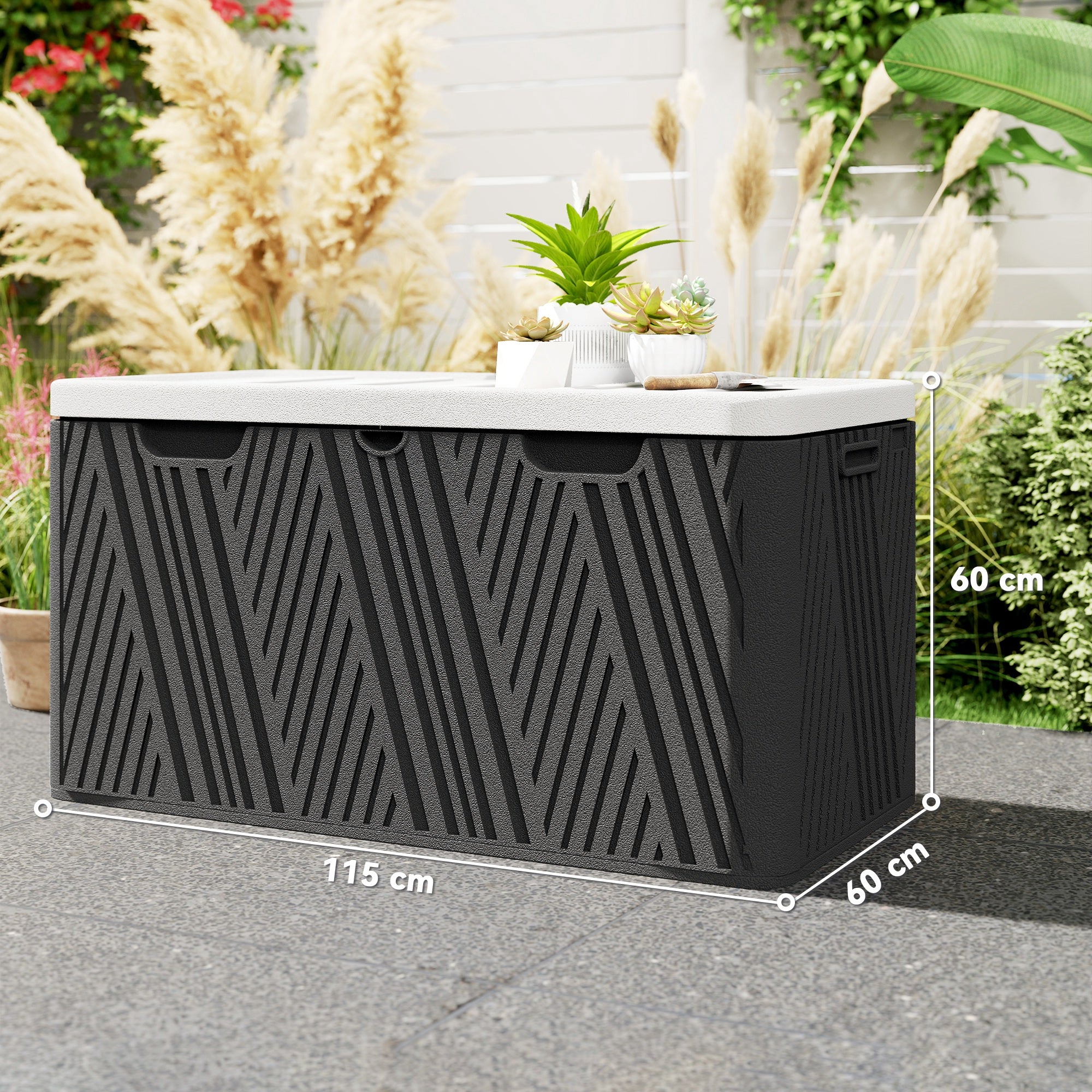 380L Storage Bench in HDPE with 2 Side Handles and Gas Lever, 115x60x60 cm, Black and Gray