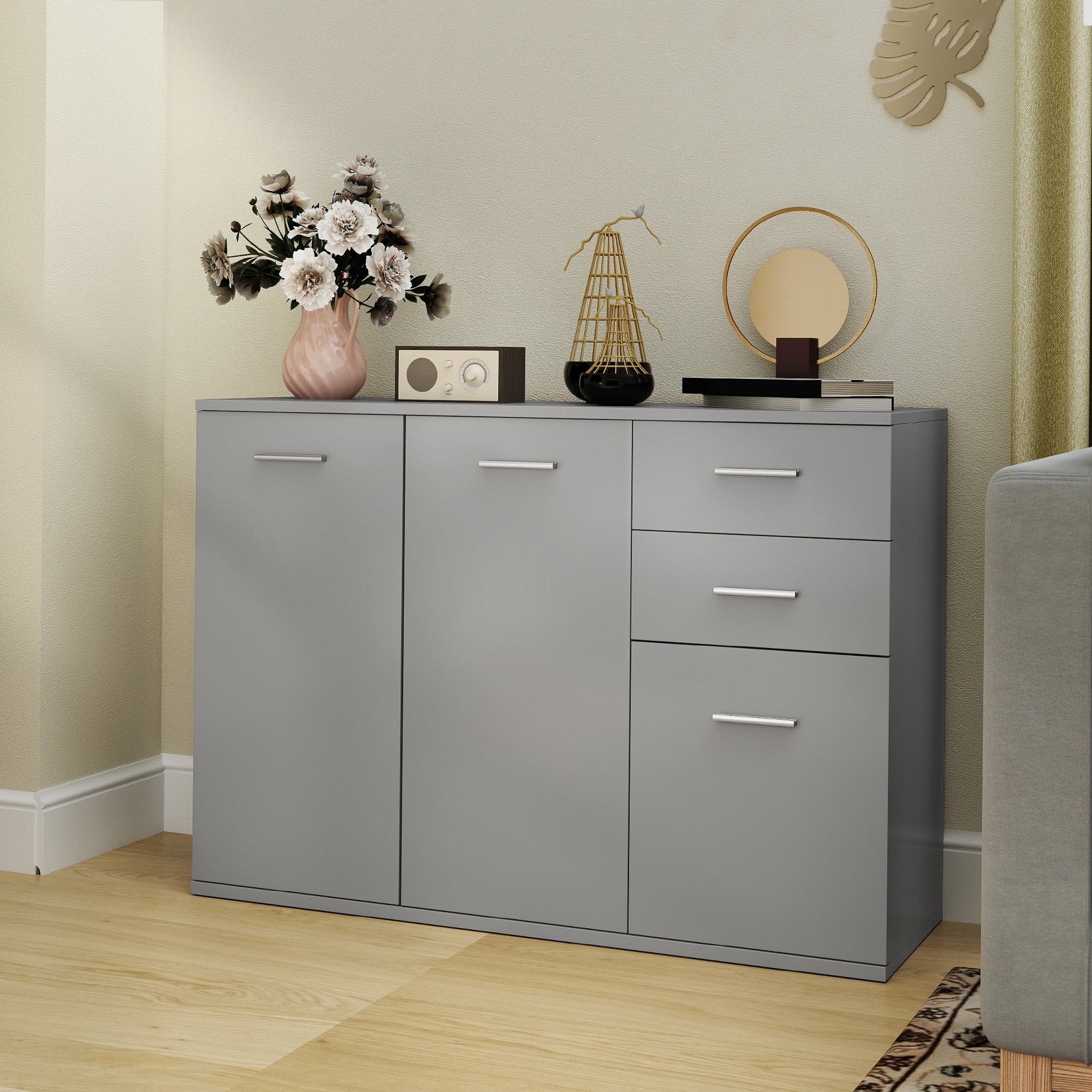 Modern Sideboard with 3 Cabinets and 2 Drawers, Wooden, 106x35x76 cm, Light Grey