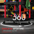 3-Tier Plastic Tool Cart with Side Perforated Panel, Black and Red